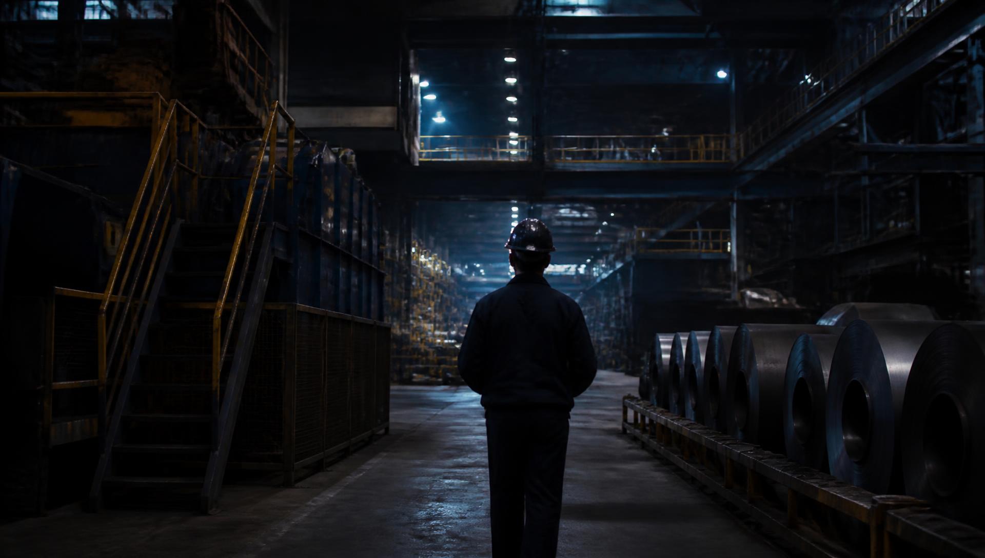Industrial facility interior with a worker in protective equipment