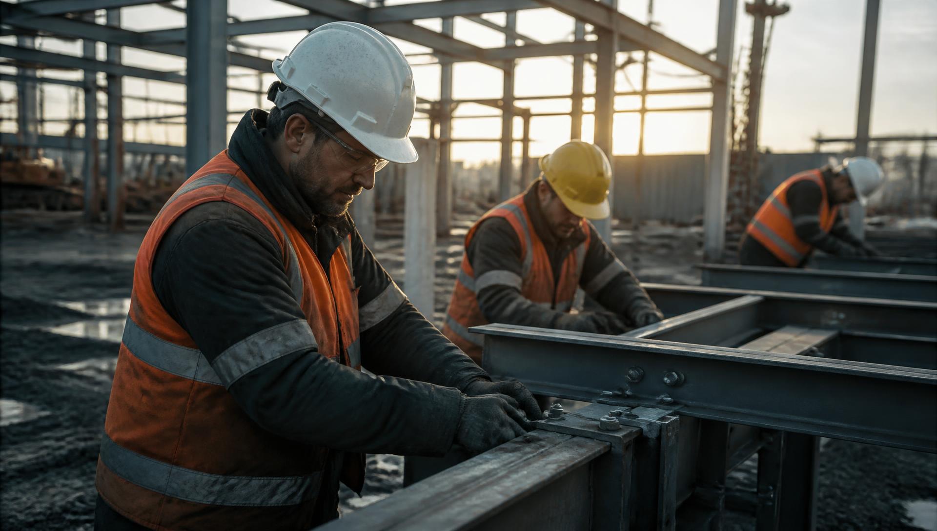 Construction workers wearing hard hats, high-visibility vests and protective gloves on a European building site